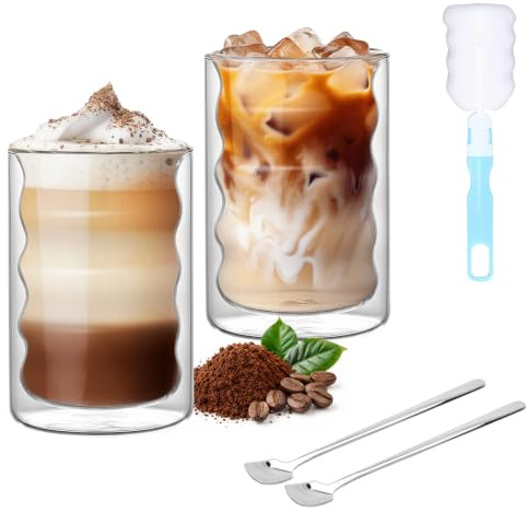 Forbabe 2 stycken 375 ml latte macchiato-glasset med dubbla väggar – isolerar kaffeglas med skedar och borste, stora termoglas för kaffe, te och cappuccino