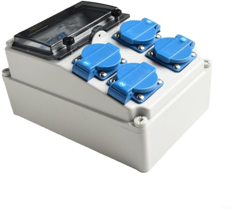 Byggströmfördelare 4-vägs IP65 vattentät, 230 V distributionslåda med FI-brytare och 16 A säkringar, ABS-hölje för utomhusmontering, 260 x 170 x 140 mm