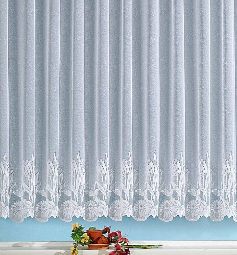 heimtexland ® Store Gardine Jacquard weiß transparent Kräuselband Vorhang mit Blumen Borte Gebogt Oekotex Typ69 Höhe 85cm x Breite 300cm