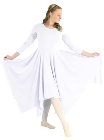 Danzcue Girls Celebration of Spirit Long Sleeve Dance Dress, White, L-XL