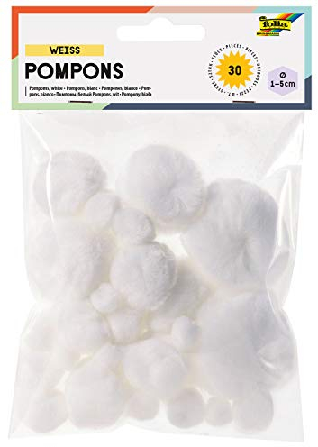 folia 50030 - Pompons 30 Stück, weiß, sortiert in 5 verschiedenen Größen von ca. 10 mm bis 50 mm, ideal für vielseitige Bastelarbeiten