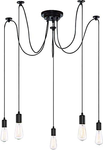 iDEGU DIY Pendelleuchte 5-flammig Hängelampe mit 150cm Kabel Retro Spinne-Stil Kronleuchter E27 Fassung Kreativ Vintage Schwarz Deckenleuchte Hängeleuchte Wohnzimmer,Restaurant,Stab,Café (5 Köpfe)