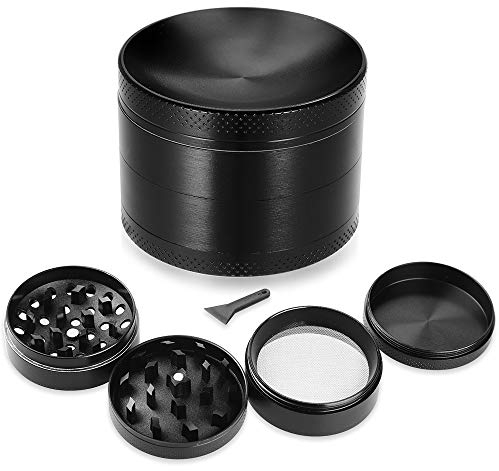 Anpro Grinder 55 mm Spezie Macina Tritino 4 Pezzi Spezie Grinder in Metallo con Setaccio per Polline, Coperchio Magnetico e Raschietto, Nero