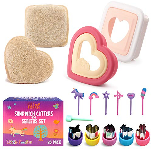 GET FRESH Sandwich-Ausstecher und Versiegler für Kinder – 20-stuk Sandwich-Ausstecher Gemüseausstecher Set – 2 Brotausstecher und versiegeler mit 5 Gemüseformen und 12 Einhorn-Nahrungsmittel Picks