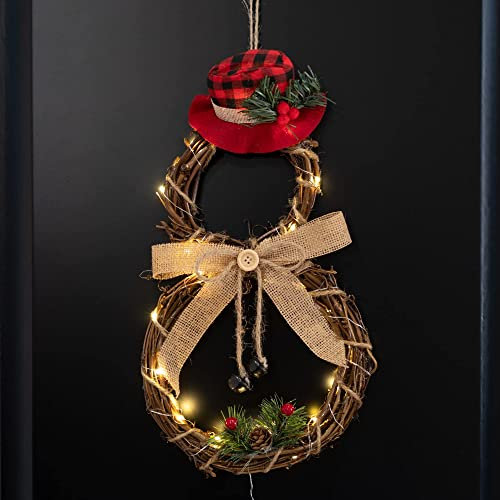 GloBrite Snowman Christmas Wreath with 30 LED Lights | Rattan Wreath | Christmas Door Decorations | Door Wreath for Wall Decor, Christmas Decorations