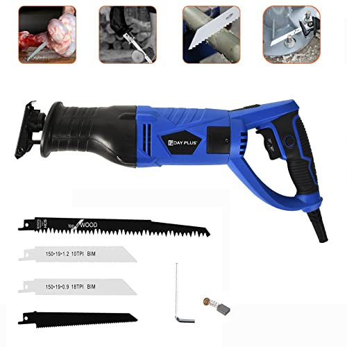 Scie sabre, 750W Scie Égoïne Électrique, Vitesses Réglables, poignée pivotante, Course 20mm, Changement De Lame Sans Outil,Scies électriques avec 4 Lames pour élagage d'arbres/tuyaux en métal/bois/PVC