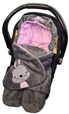 Izabell Baby Winter-Einschlagdecke, Universal für Babyschale, Autositz, z.B. für Maxi-Cosi, Römer, für Kinderwagen, Buggy oder Babybett, Winter Babydecke, für Babys 0-12 Monate (Rosa Hase)