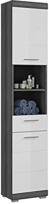 xonox.home - Armadio alto Scout 37 x 191 x 31 cm nella parte anteriore, bianco lucido, corpo argento fumo, armadietto da bagno, moderno, spazioso e funzionale