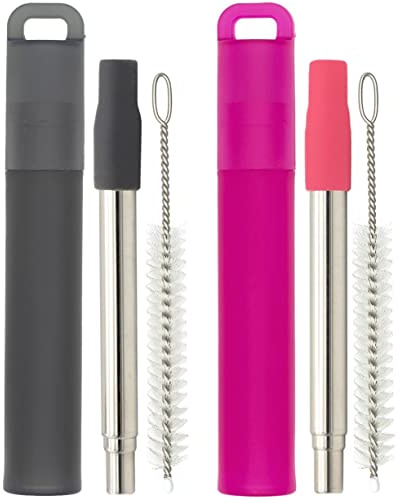 NAIVELY-Metal Reusable Straws, 2 Pack Collapsible Portable Stainless Steel Straws, with Plastic Housing Silicone Tips and Cleaning Brush, Retractable Portable Pocket Drinking Straws