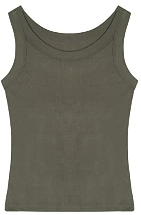 Femme Débardeur Côtelé en Viscose T-Shirt à Bretelles T-Shirt sans Manches avec Col en U sous-Maillot Haut Élastique Coupe Ajustée Cool Respirant Basic Tops d'été - Kaki Uni Taille du Fabricant XXL