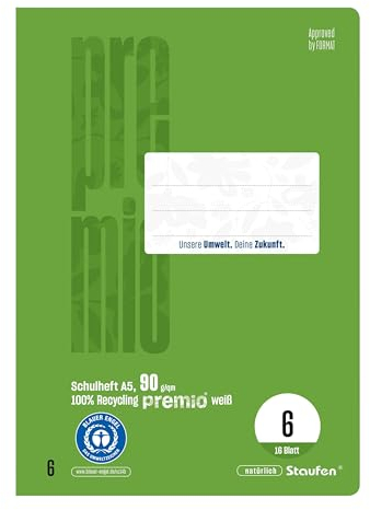 Staufen premio Schulheft - 10 Hefte je 16 Blatt, DIN A5, Lineatur 6 (blanko), 90 g/m² Recyclingpapier, runde Ecken verhindern „Eselsohren“