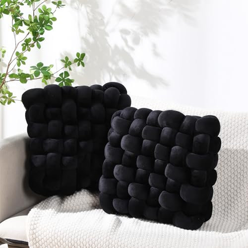 Wenqik 2 cuscini con nodi, morbidi, per pavimento, ufficio, casa, decorazione, quadrato, in peluche, per soggiorno, camera da letto, divano, decorazione natalizia, 30,5 x 33 cm (nero)
