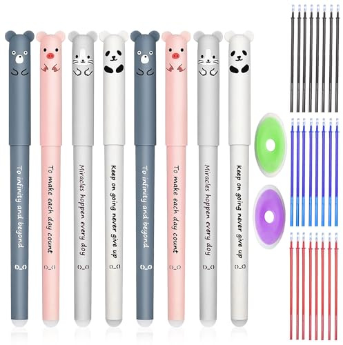 SWoob 8pcs Erasable Gel Pen 0.35mm Animal Friction Kawaii Cute Blue/Black for Office/Home/School Student Stationery with 24 Refills + 2 Erasers