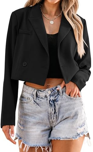Luvamia Womens Fashion Lapel Cropped Blazer - Business Casual Open Front Blazer Jacket for Women - Black - Size 12 / 14