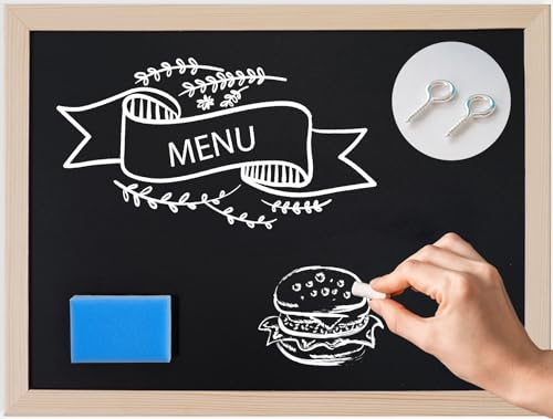 Schwarze Kreidetafel 60x80 cm zum Beschriften von Menü Aufhängen Abwischbare Wandtafel für Kinder Küche Schule Blackboard mit Holzrahmen Inklusive Kreide und Schwamm