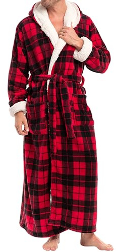 Alexander Del Rossa Plush Mens Robe with Hood, Hooded Big and Tall Robes for Men, Sherpa Fleece Bathrobe, Red Black Plaid With Cream, 2X Tall