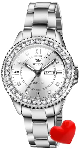 OLEVS Damen-Armbanduhr luxuriös Kristall Diamant formeller Edelstahl wasserdicht analog Quarz Datum leuchtende Uhr