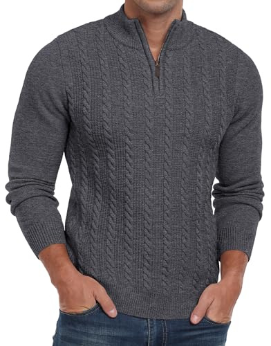 Hisir Mens Quarter Zip Jumper Cable Knit Crew-Neck Sweater Long Sleeve Jumpers Causal Pullover Winter for Men (Dark Grey, M)