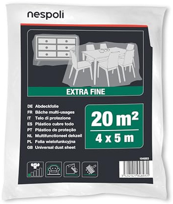 Nespoli - Telo Copritutto 4x5m per la Protezione di Mobili, Pavimenti, Arredi Interni, Teli per Imbiancare Antipolvere, Telo Ampio e Resistente in Plastica Extra Fine Flessibile e Antistrappo, 20 m²