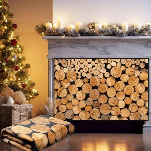 Cinnvoice Magnetic Fireplace Cover with 12 Magnets 39''x32'' Draft Blocker Blanket Stops Heat Loss,Vent Cover for Iron Fireplace Frame Inside House,Living Room,Winter(Wood Pile)