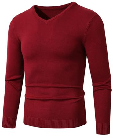 Jersey de punto para hombre, cuello de pico, elegante, ajustado, jersey de punto fino, jersey de punto ligero para invierno, suéter informal de punto con cuello en V, camiseta básica, rojo, XL