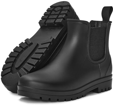 Planone Short Rain Boots for Women Fashion Waterproof Chelsea Boots Ankle Non-Slip Matte Rubber Boots Lightweight Outdoor Garden Shoes Work Booties for Ladies with Arch Support and Removable Comfort Insole