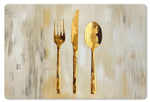 KitchenYeah© Set de 6 Manteles Individuales PVC 45x30 cm Salvamanteles Plástico Tapete para Mesa Comedor Moderno y Lavable Placemat Pintura - Oro - Cubiertos