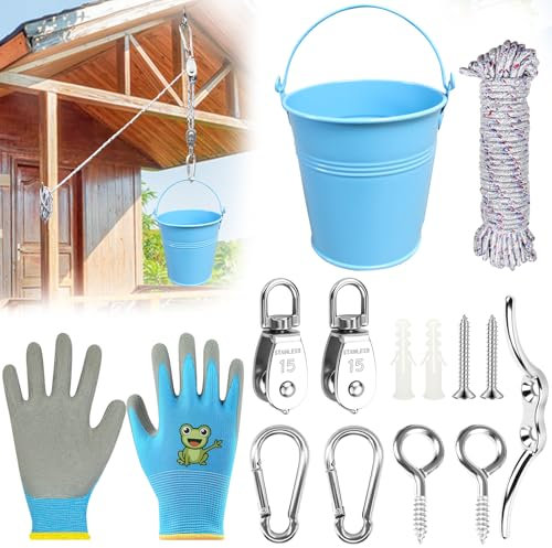 NlsqEU Poulie Enfants,14 Pièces Système de Poulie pour Enfants avec Seau en Métal,Accessoires pour Cabane dans Les Arbres et Tour de Jeu,Cabane Jardin Jouet pour Enfants à Partir de 3 Ans