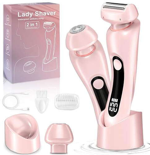 NaTuGi 2 in 1 Electric Shaver for Women Wet Dry Dual Use IPX7 Waterproof with LED Display USB Recharge Dock Dry Use Body Hair Trimmer and Facial Hair Remover for Bikini Underarm Leg Arm Face (Pink)