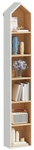 YITAHOME Hohe Schmale Bücherregal, l Haus Geformt Dünne Ecke 6-Tier Freistehende Bücherregal, Platzsparendes Design Display Lagerung für Haus & Büro, Weiß & Eiche, 30W × 23.5D × 181H cm