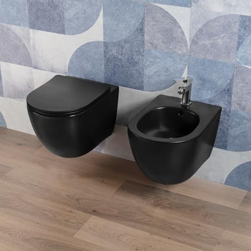 Coppia Sanitari bagno filo muro in Ceramica Nero Opaco - WC Rimless e Bidet Sospesi con Sedile Soft Close, Sgancio Rapido Easy Clean, Installazione a Parete e Design Moderno - Mod. BlackWall