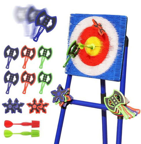 Axe Throwing Game for Backyard with Bristle Target & 12 Throwing Axes Set, Indoor & Outdoor Games for Adults, Kids & Family, Yard Games Toys, Axe Throwing Target,Dart Board,Carnival Games(Blue)