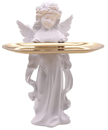 Scultura di angelo in stile europeo con vassoio, statua in resina da 31 cm, decorazione per casa o ufficio, elegante figura di angelo di preghiera, ornamento artistico decorativo per soggiorno