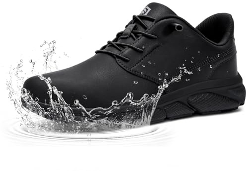 LARNMERN Zapatos deportivos con puntera de acero para hombre, impermeables, de seguridad, cómodos, de cuero, brogue, Oxford, calzado de vestir, Black, 45 EU