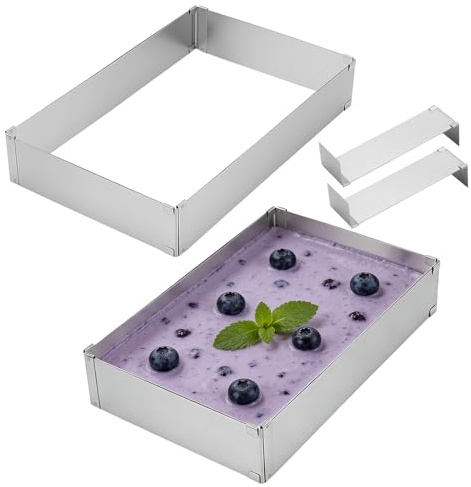 ZEONHEI 2 cornici da forno in acciaio inox, rettangolari, regolabili, per torte, rettangolari, 5 cm di altezza, con divisore per mousse, torte a strati, dessert, allungabili da 27,5 x 18,5 cm fino a