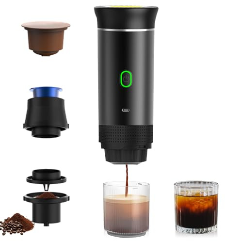 NICEWAT Bärbar kaffemaskin med batteri, 12 V bil reseexpressomaskin, mini mobil kapselmaskin för camping resor, självuppvärmning, 8 koppar, kompatibel med Nespresso-kapslar