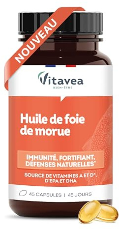 Vitavea Bien-être - Huile de Foie de Morue - Complément Alimentaire Immunité, Défenses Naturelles - Oméga 3 (riche en EPA et DHA), Vitamine D et A - 45 Capsules - 45 jours - Fabriqué en France