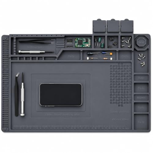 Esterilla Silicona Soldar Magnética Antiestática 45x30cm Almohadilla Reparación para Móviles Cámara Ordenador Alfombrilla Soldadura Aislamiento Térmico 500°C Tapete Electrónica Mesa con Compartimentos