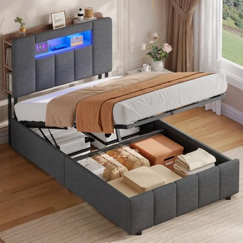 AGOLLATI Letto Singolo con Contenitore 90x200 Struttura Letto Singolo con LED e Stazione di Ricarica, Letto Contenitore Idraulico Struttura Letto Imbottito con Testiera Moderno Semplice Grigio Scuro