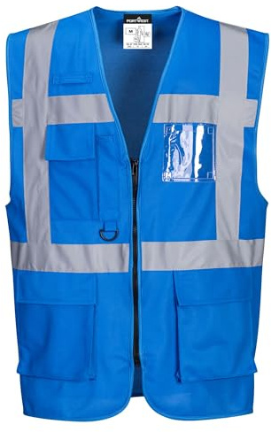 Portwest F476 Iona Verkställande Väst 7 Fickor Reflekterande Maskintvättbar | Kungsblå, 2XL, EN 17353 Typ B3, Polyester, 2 Nedre Patchfickor, Öppning med Dragkedja, Penn- och Telefonficka, Slitstark