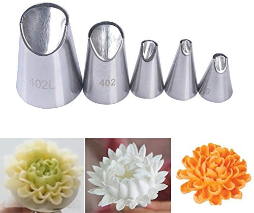 DUORUI Spritztüllen aus Edelstahl Tüllen Dekorieren Düsen für Creme Kuchen Cupcake Fondant Blütenblatt einer Chrysantheme, 5 Stück