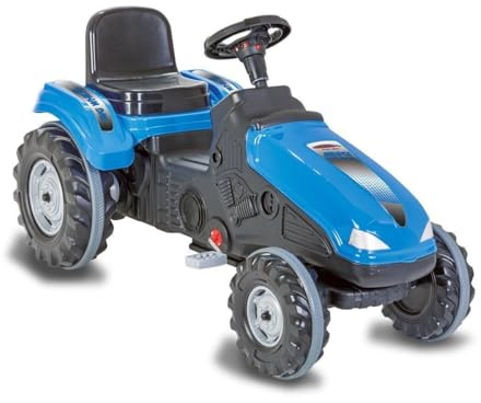 Jamara 460837 - Tractor a Pedales Big Wheel – Protección antivuelco, hasta 60 kg, Sistema de Volante Suave de Marcha atrás, claxon, Asiento Ajustable, capó abatible, Enganche de Remolque, Color Azul