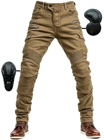 SHUOJIA Herr motorcykelbyxor jeans med skydd motorcykel cykelbyxa 4 x skyddsutrustning (khaki, S)