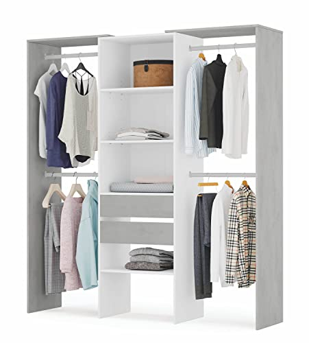 Habitdesign Armario Vestidor con 2 Cajones, Vestidor con Barras y Baldas, Acabado en Blanco Artik y Gris Cemento, Medidas: 179 cm (Ancho) x 202 cm (Alto) x 50 cm (Fondo)