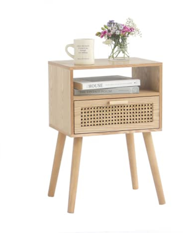 MaxSmeo Modern Nightstand Rattan Side End Table with Storage, for Living Room, Bedroom and Small Spaces, Accent Bedside Farmhouse Tables with Solid Wood Legs, Easy Assembly (Natural Walnut)