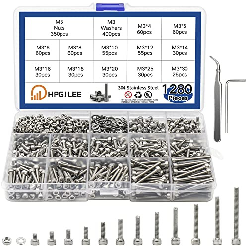 1280 Pcs for M3 Stainless Steel 304 Hexagon Heads Cap Screws Bolts Nuts Washers Assortment Kit（M3 1280Pcs）