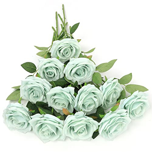 LVEFIT Fiori di rosa artificiali verde salvia verde salvia rose di seta fiori 12 pezzi con stelo lungo bouquet di rose in seta per matrimoni, addio al nubilato, parte della decorazione della casa