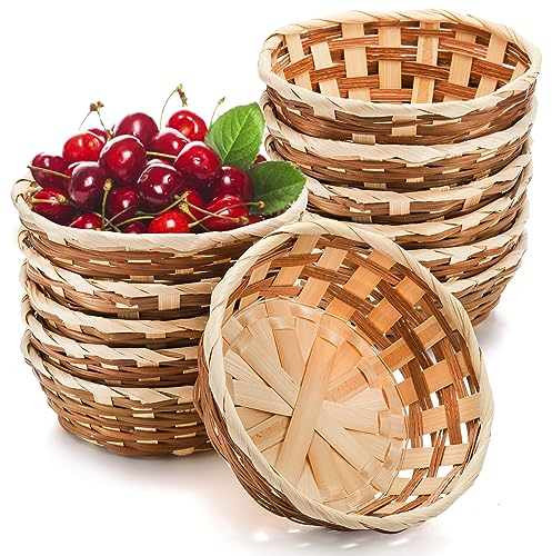 Nicunom 12 Pack Round Gift Baskets, 17cm Bamboo Small Bread & Fruit Basket, Woven Bread Roll Baskets, Food Storage Serving Basket for Kitchen Restaurant Display Decor