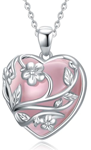 YFN Rosenquarz-Halskette Sterlingsilber Rosenquarz-Herz-Halskette Blume natürlicher Kristallstein-Anhänger Rosenquarz-Schmuck Geschenke für Frauen Teenager Mädchen Geburtstag