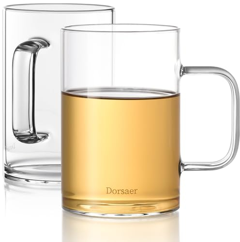 Dorsaer Lot de 2 tasses à café en verre épais à fond plat avec poignée pour boissons, thé, cappuccino, latte, expresso, jus de fruits, 473,6 g